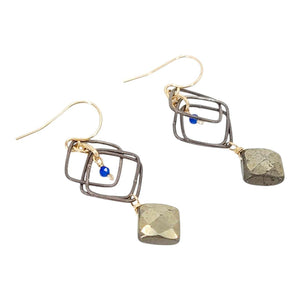 Earrings - Overlapped Floating Squares (Lapis Lazuli, Pyrite) by Calliope Jewelry