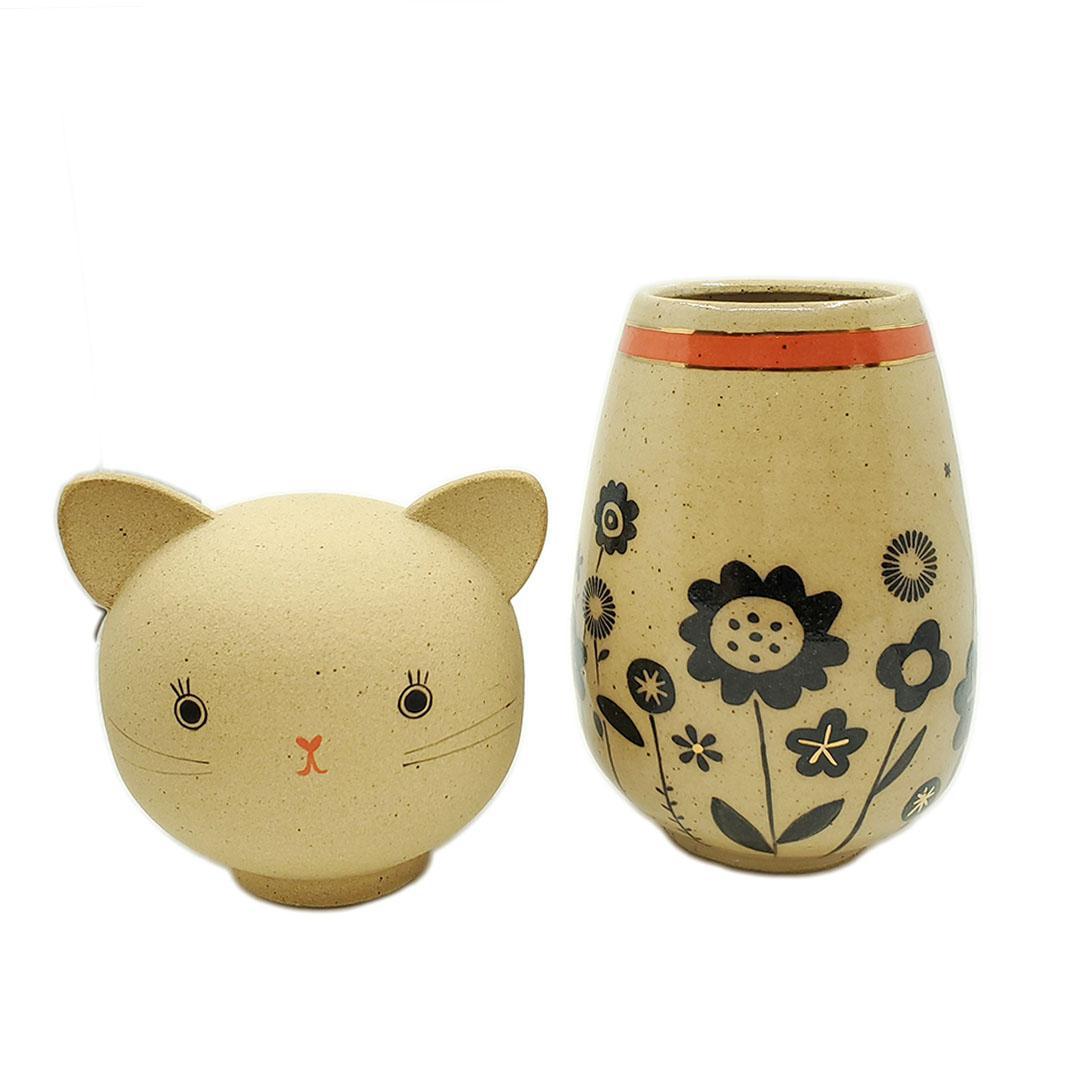 Kokeshi Jar - Medium - Bright Eyes Kitty Cat (Black Floral Red Collar with 22k Gold) by Jennifer Fujimoto
