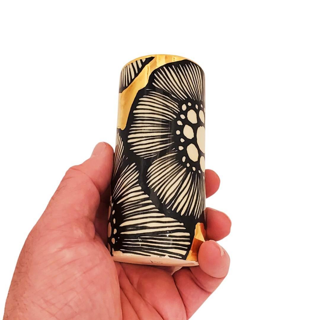 Vase - 4in - Floral Cylinder with 22k Gold Background (B) by Hsieh Clay SF