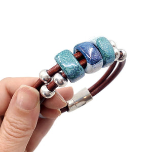 Bracelet - Hummingbird in Tobacco Leather with Silver and Ceramic by Diana Kauffman Designs