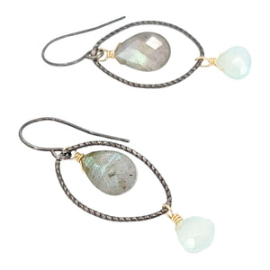 Earrings - Textured Oval with Floating Gem Dangles (Labradorite, Chalcedony) by Calliope Jewelry
