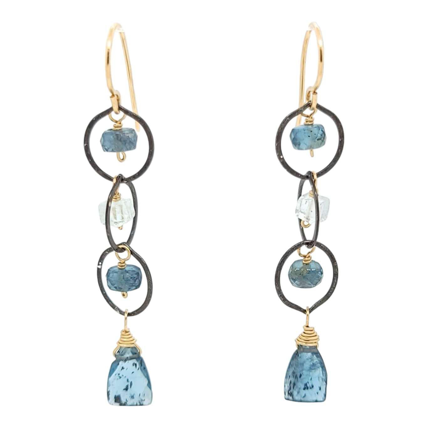Earrings - Triple Circle Chain with Moss Kyanite and Aquamarine by Calliope Jewelry