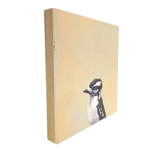 Wall Art - Downy Woodpecker on 8in x 8in Wood Panel by The Mincing Mockingbird
