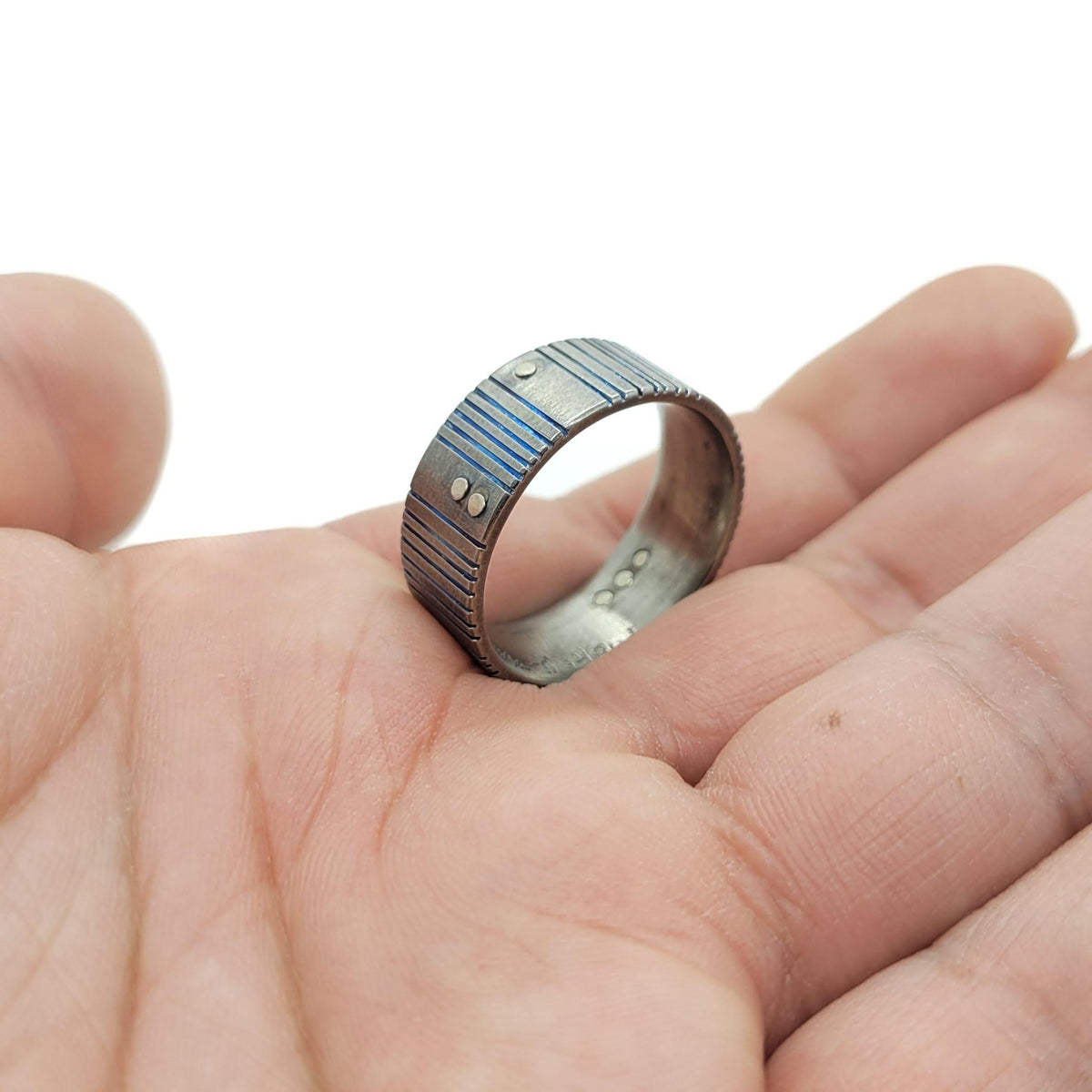 Ring - Size 9.5 - Titanium Blue Patina Grooves with 14KPW Rivets by Taviametal