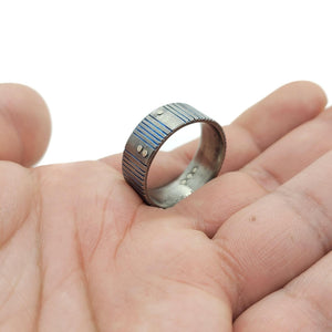 Ring - Size 9.5 - Titanium Blue Patina Grooves with 14KPW Rivets by Taviametal