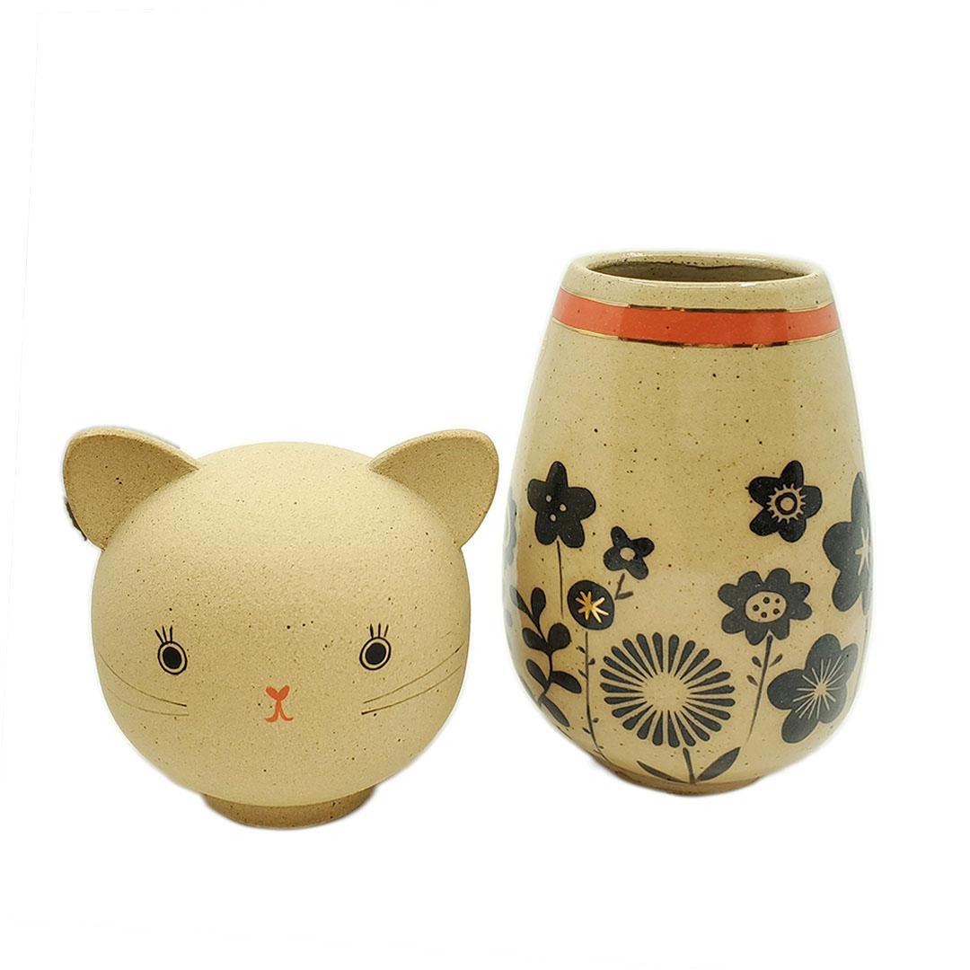 Kokeshi Jar - Medium - Bright Eyes Kitty Cat (Black Floral Red Collar with 22k Gold) by Jennifer Fujimoto