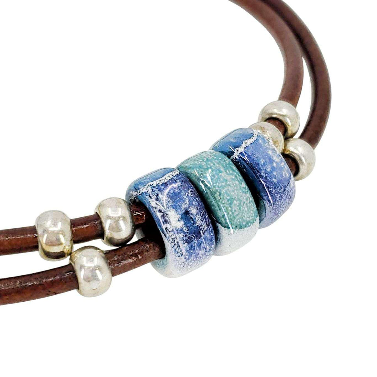 Necklace - Hummingbird (Blue Green Ceramic, Tobacco Leather, Silver) by Diana Kauffman