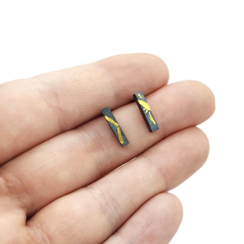 Earrings - Golden Bar Studs in 24k Gold and Oxidized Sterling Silver by Storica Studio