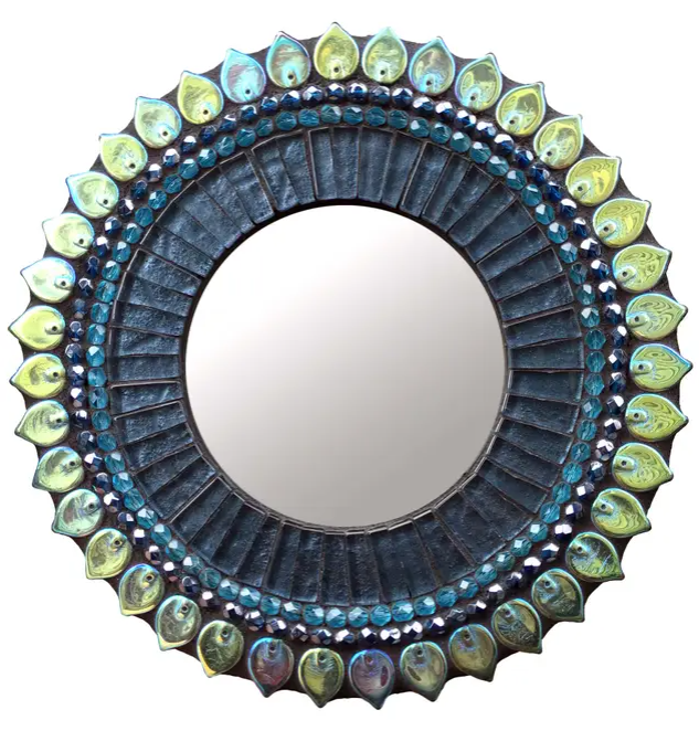 Mosaic Mirror - 7in Round in Denim Leaf by Zetamari Mosaic Artworks