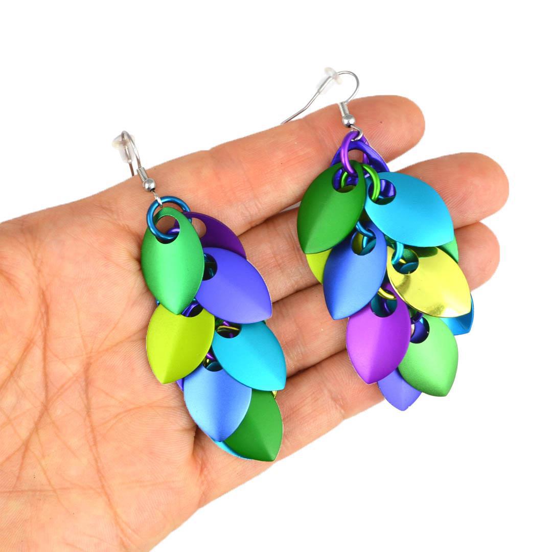 Earrings - Long Feather Cascade (Peacock Mismatched) by Rebeca Mojica