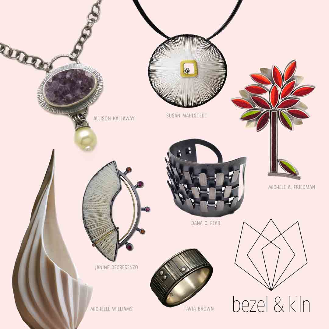 Square with a pink background showing an amethyst crystal necklace, a sand dollar design pendant, a tree brooch with bright red leaves, an oxidized sterling silver cuff bracelet, titanium band ring, crescent brooch and ceramic vase