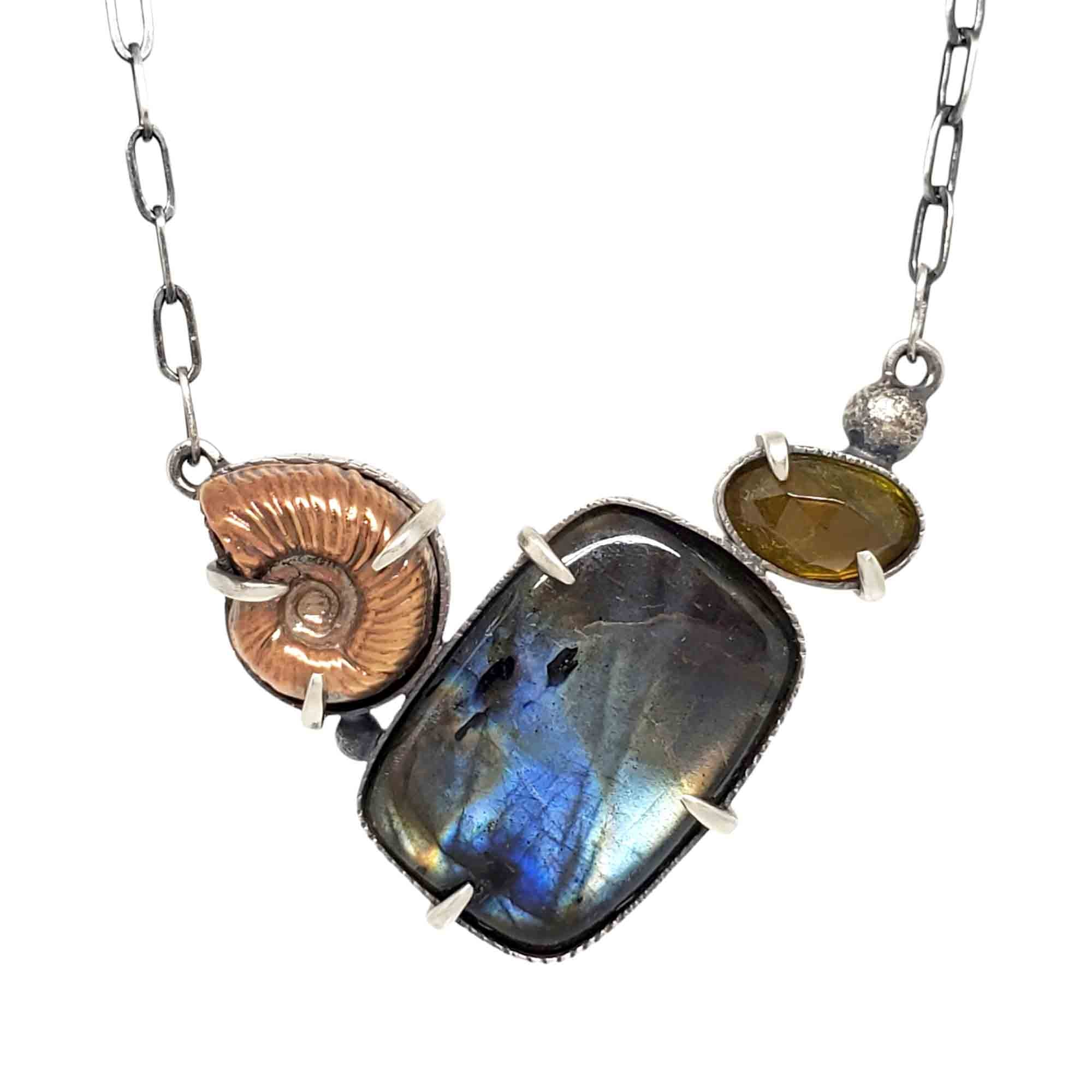 Ammonite and Labradorite One of a Kind Necklace by Una Barrett at Bezel and Kiln Seattle, WA