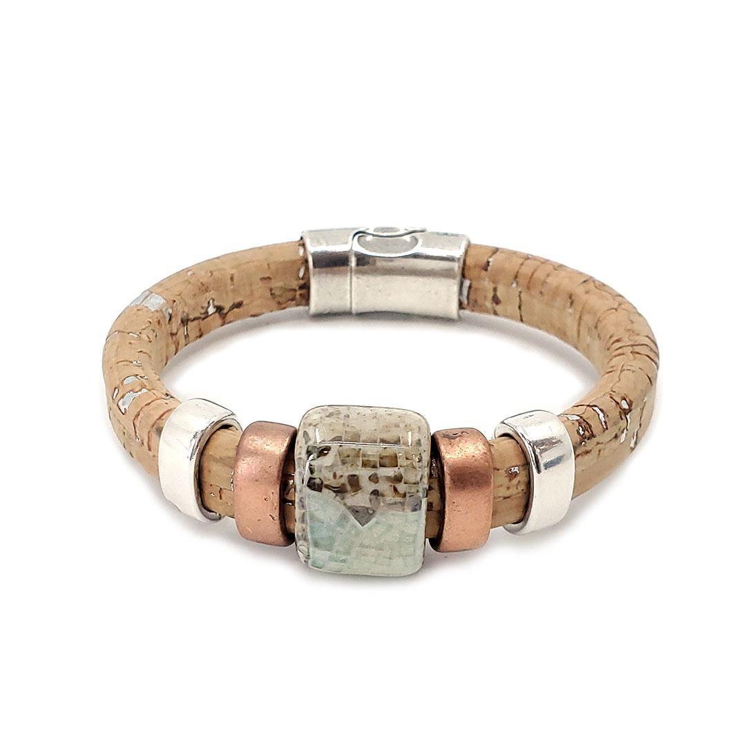 Bracelet - Surf and Sand in Cork over Silver Leather with Mixed Metals and Ceramic by Diana Kauffman Designs