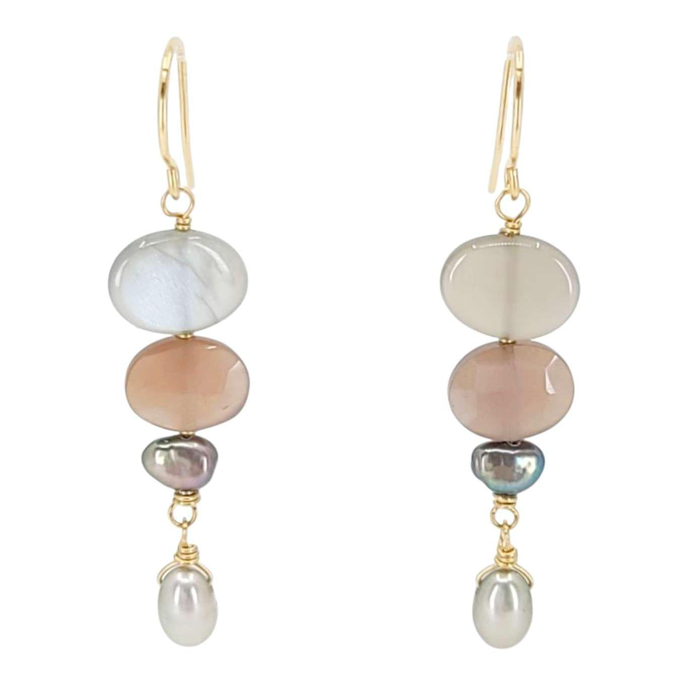 Earrings - Stacked Pebble Drops (Gray Moonstone, Chocolate Moonstone, Pearl) by Calliope Jewelry