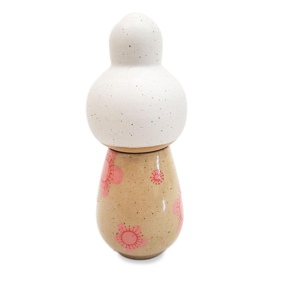 Kokeshi Jar - Small - Coy (White Updo, Pink Floral) by Jennifer Fujimoto