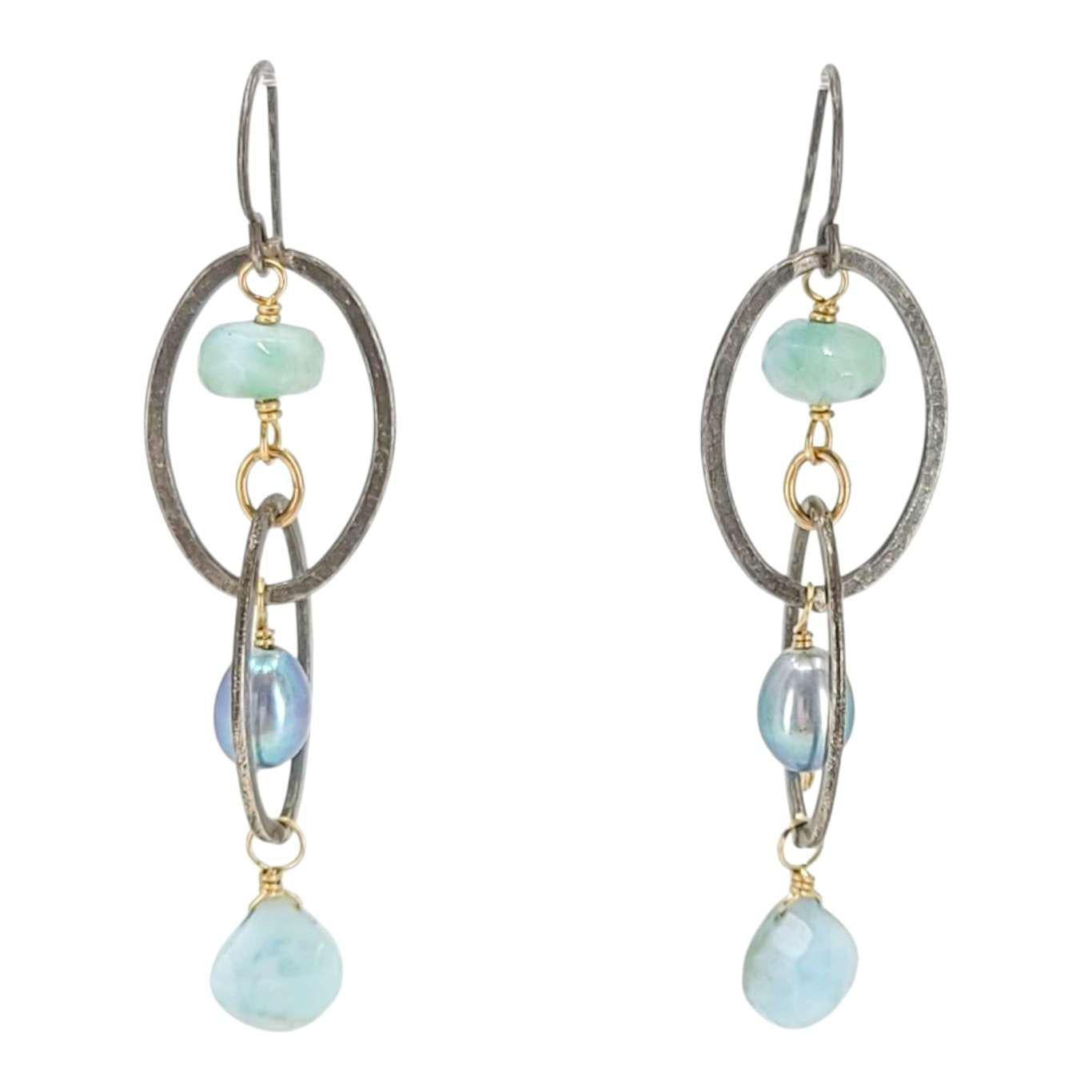 Earrings - Double Oval Dangles (Larimar, Pearl) by Calliope Jewelry
