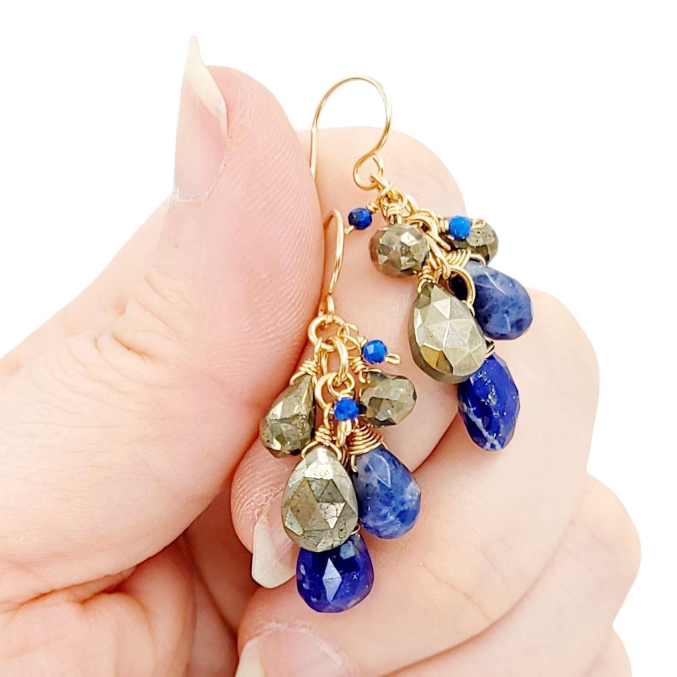 Earrings - Gemstone Clusters (Lapis Lazuli, Pyrite) by Calliope Jewelry