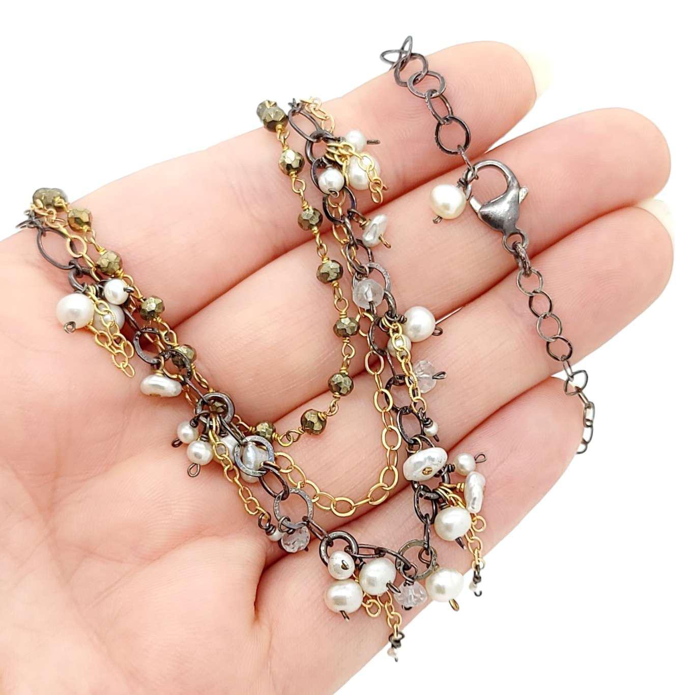 Necklace - Multi-Strand Pearls and Pyrite by Calliope Jewelry