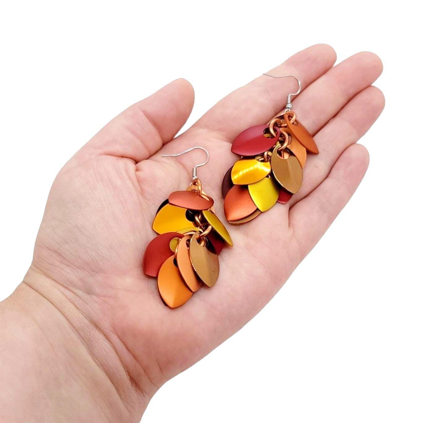 Earrings - Long Feather Cascade (Autumn Leaves) by Rebeca Mojica