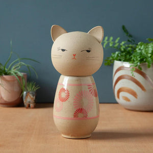 Kokeshi Kitty Jar - Pink Kiku Chrysanthemum by Jennifer Fujimoto