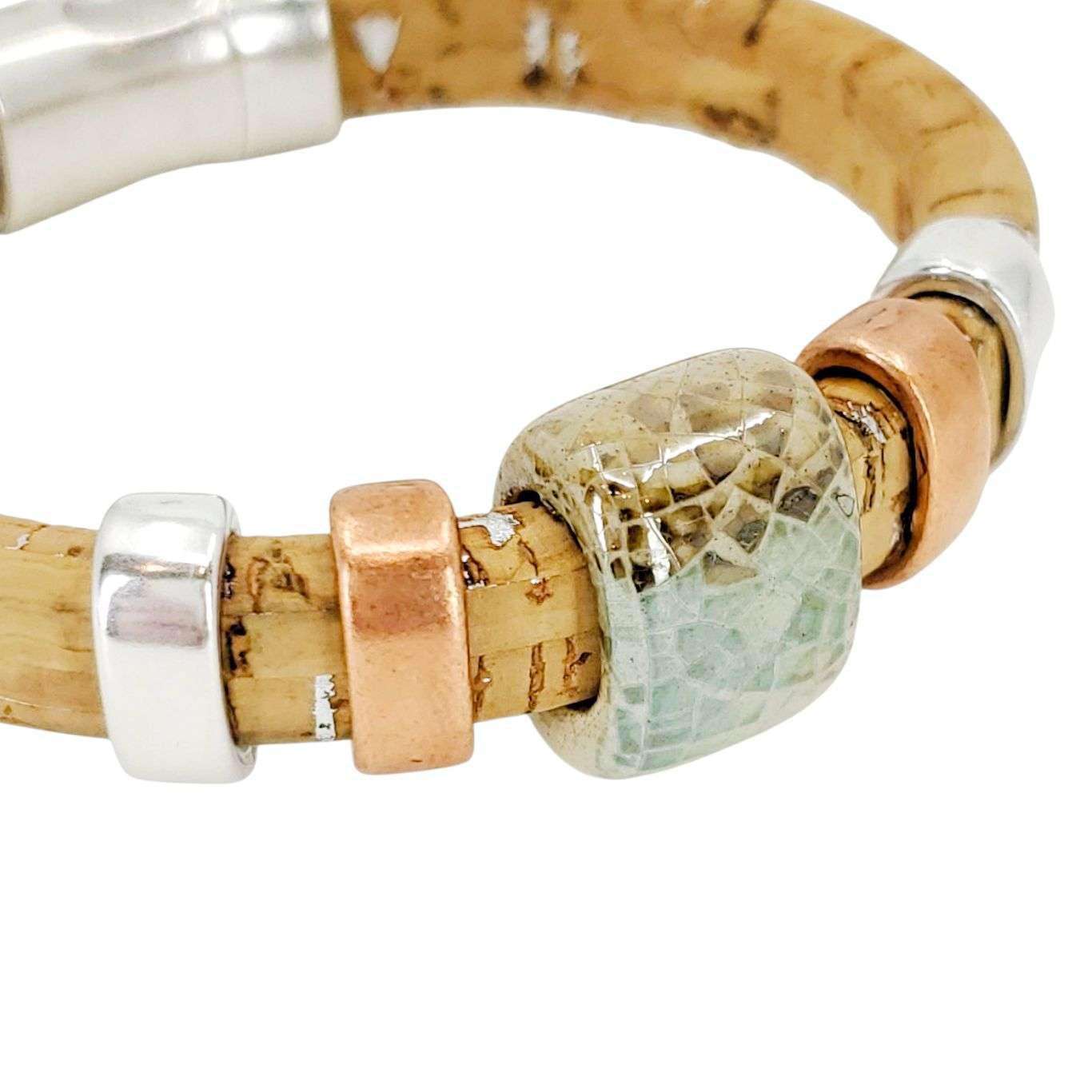 Bracelet - Surf and Sand (Ocean Blue Ceramic, Silver Cork Leather, Silver) by Diana Kauffman