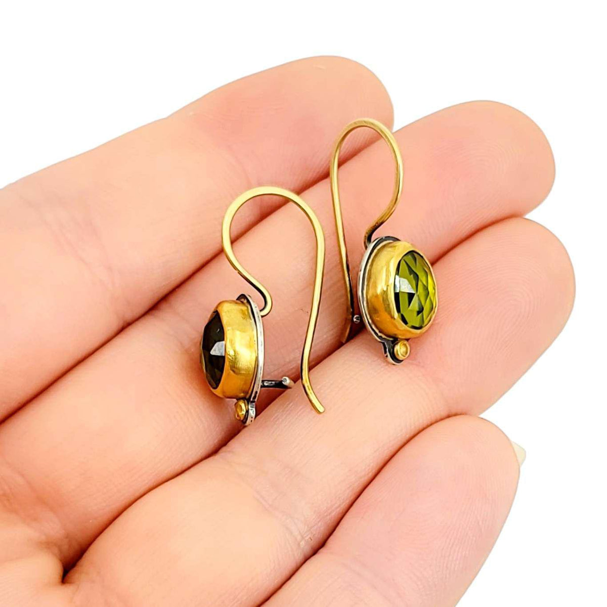 Earrings - Rose Cut Peridot in 18k and 14k Gold with Sterling Silver by Allison Kallaway
