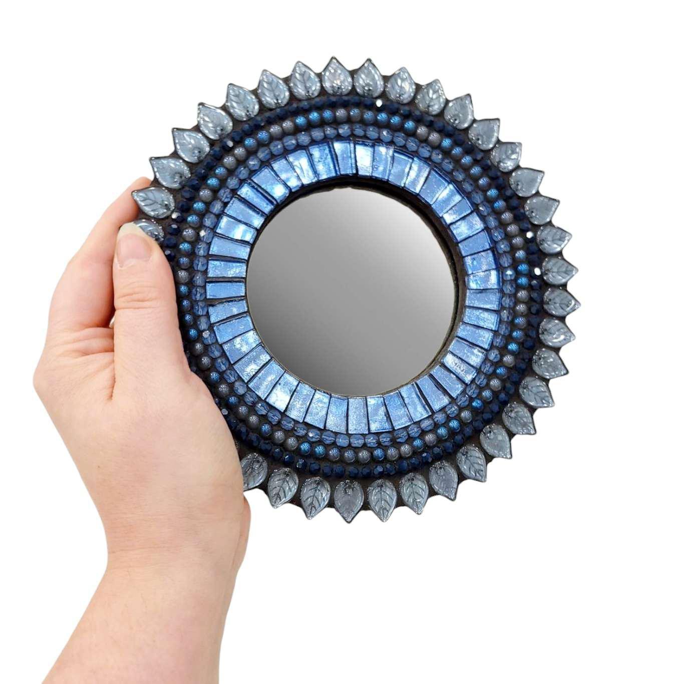 Mosaic Mirror - 7in Round (Denim Leaf) by Zetamari Mosaic Artworks