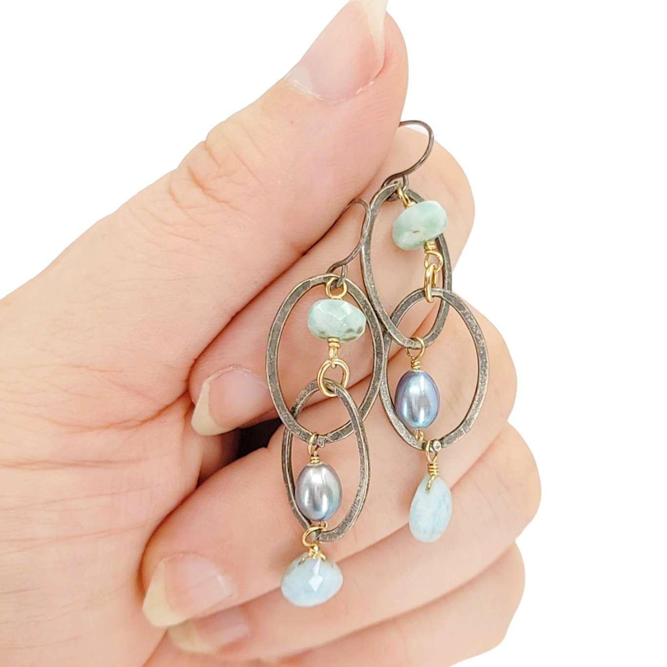Earrings - Double Oval Dangles (Larimar, Pearl) by Calliope Jewelry