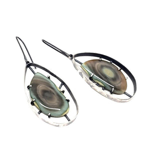 Earrings - Wayfinder Green Pink Imperial Jasper in Oxidized Sterling by Three Flames Silverworks