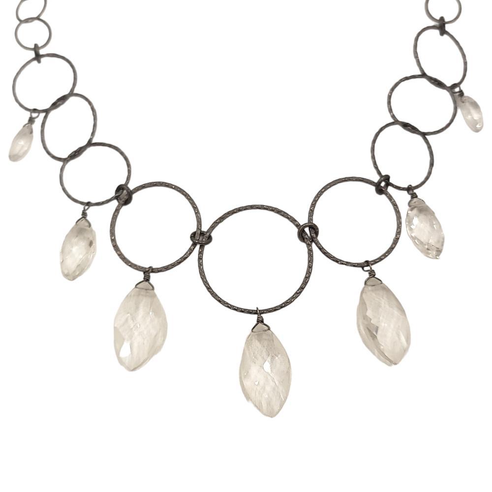 Necklace - Large Circles with Quartz Marquise Drops in Oxidized Sterling Silver by Calliope