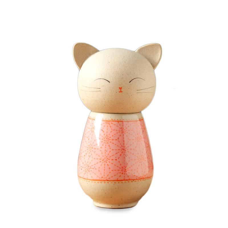 Kokeshi Jar - Small - Cheerful Kitty Cat (Pink Sashiko) by Jennifer Fujimoto