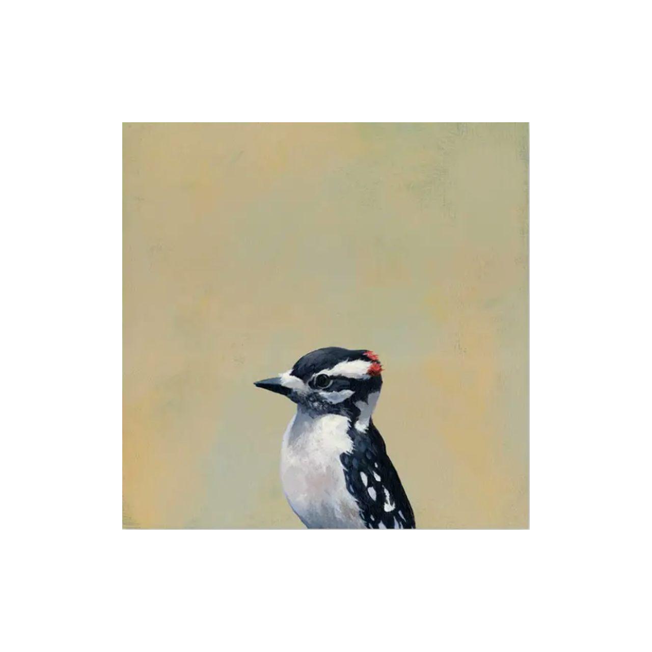 Wall Art - Downy Woodpecker on 8in x 8in Wood Panel by The Mincing Mockingbird