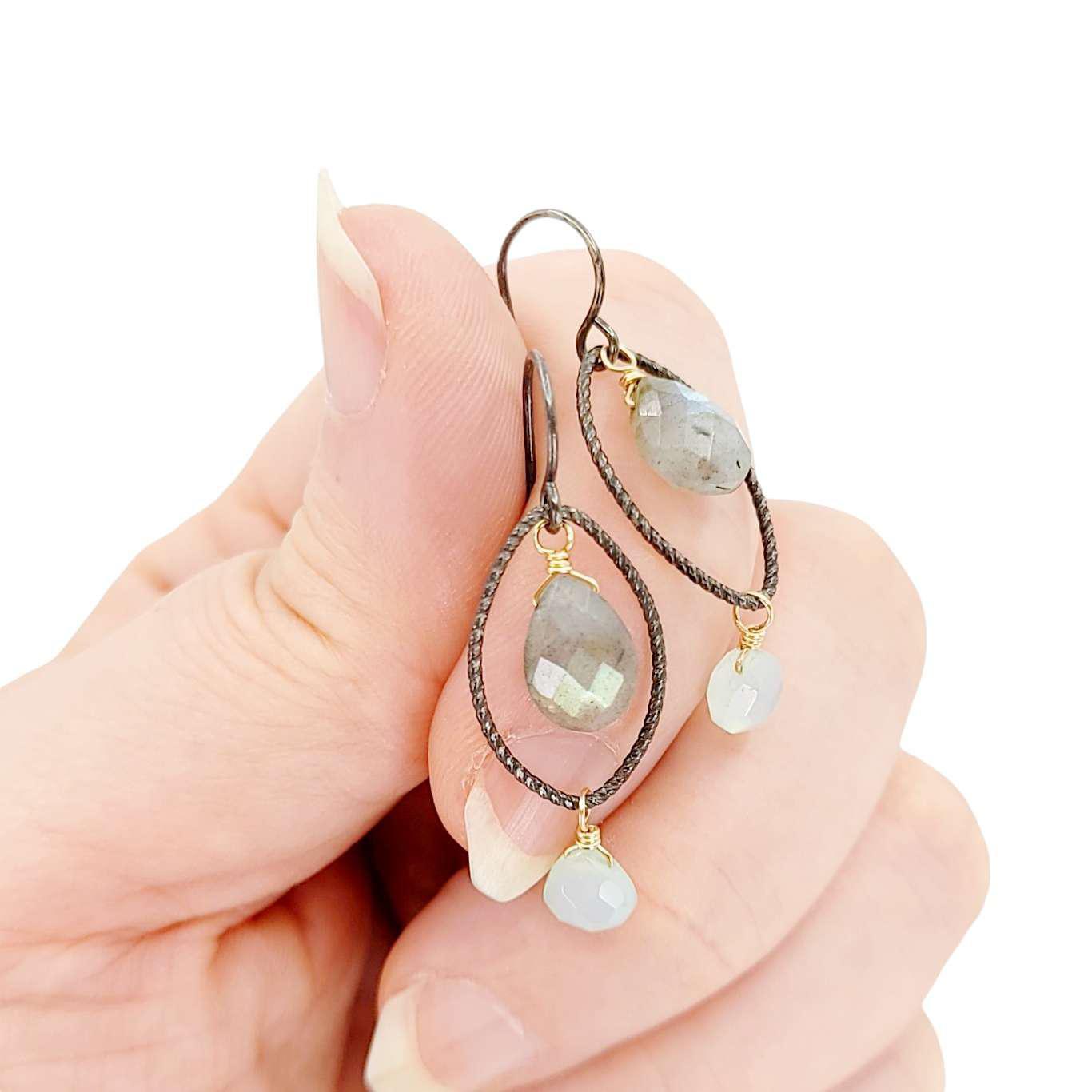 Earrings - Textured Oval with Floating Gem Dangles (Labradorite, Chalcedony) by Calliope Jewelry