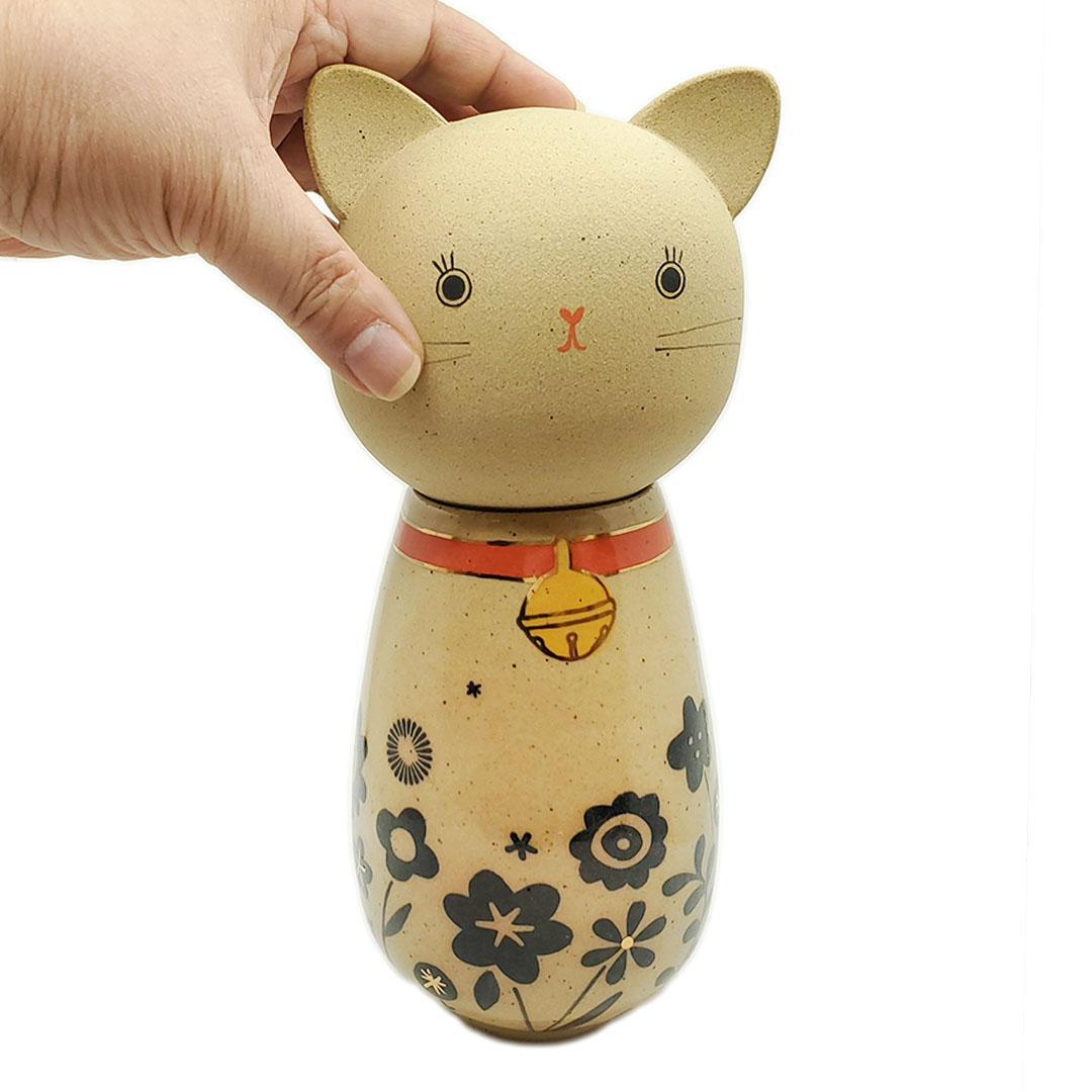 Kokeshi Jar - Medium - Bright Eyes Kitty Cat (Black Floral Red Collar with 22k Gold) by Jennifer Fujimoto
