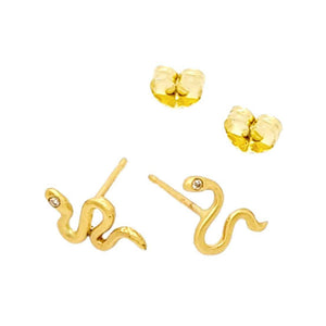 Earrings - Diamond-Eyed Asymmetric Snake Studs in 14k Yellow Gold by Michelle Chang