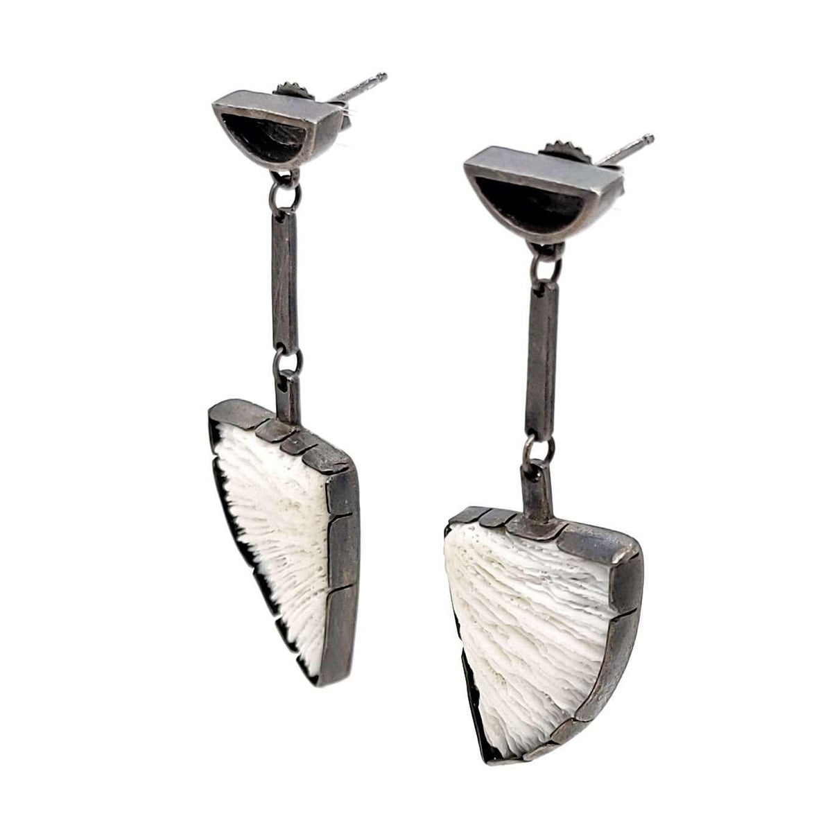 zEarrings - Angled Triangle Drops in Sterling Silver and Vintage Coral by Janine DeCresenzo