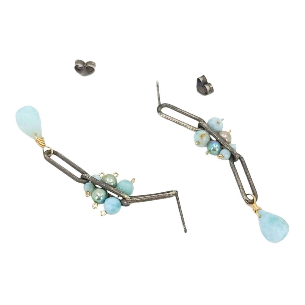 Earrings - Long Chain Post Dangles (Larimar, Pearl) by Calliope Jewelry