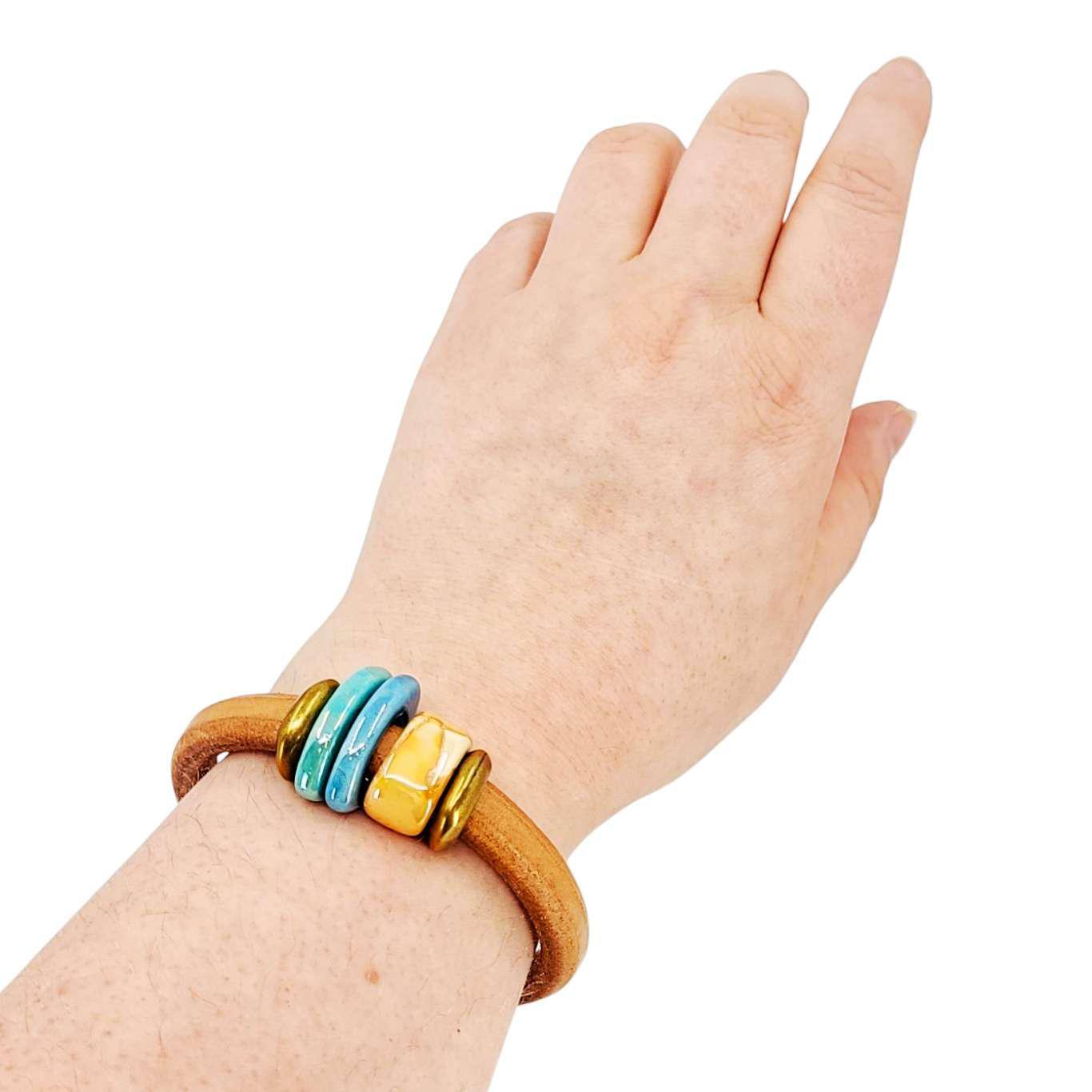 Bracelet - Daydreamer (Whiskey Leather, Brass, Ceramic) by Diana Kauffman Design