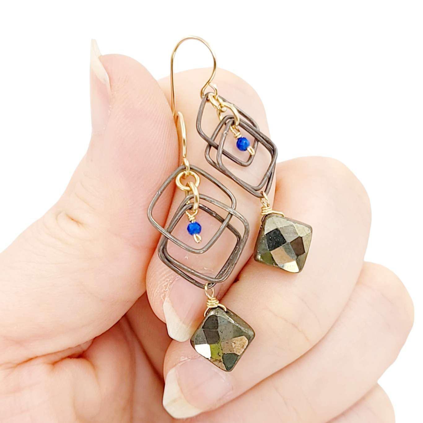 Earrings - Overlapped Floating Squares (Lapis Lazuli, Pyrite) by Calliope Jewelry