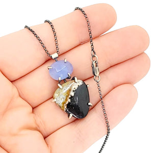 Necklace - Vertical Duo (Opalized Wood, Chalcedony) by Three Flames Silverworks