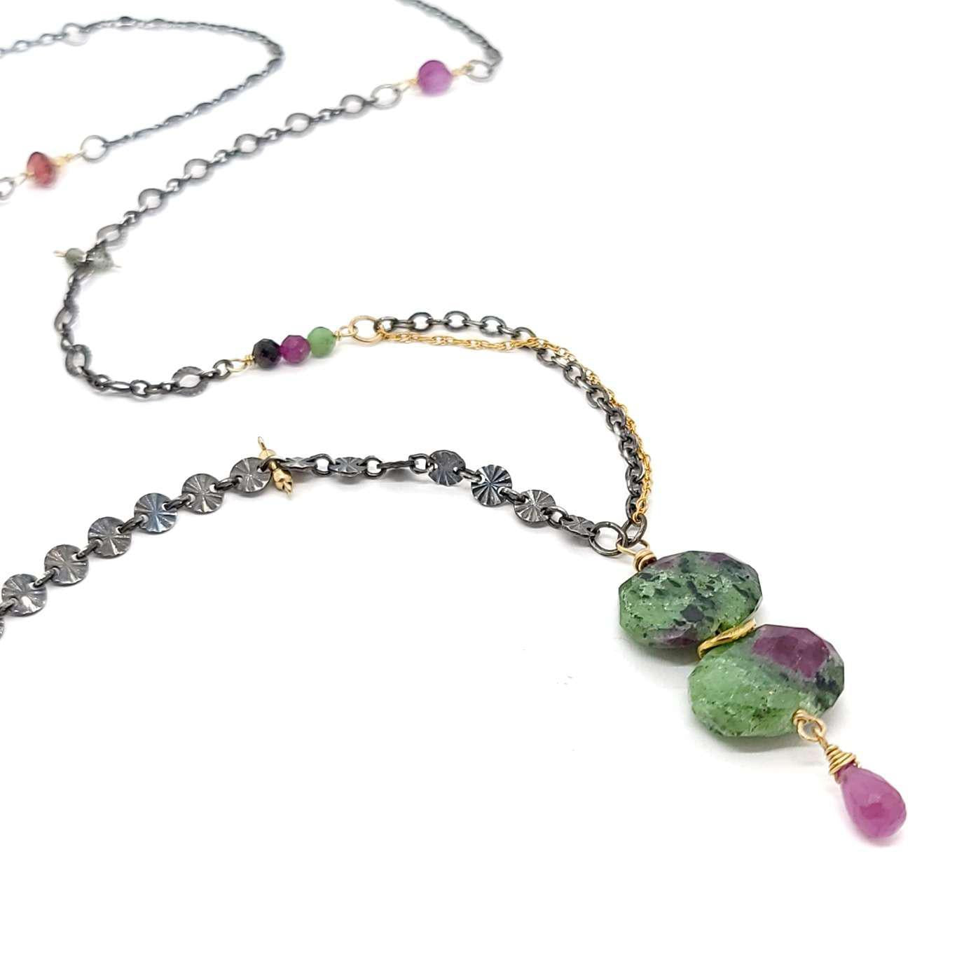 Necklace - Long Ruby Zoisite Stacked Pebbles by Calliope Jewelry