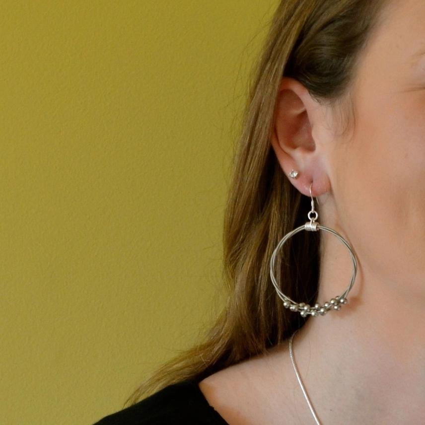Earrings - Guitar String - Floating Melody Beaded Twisted Circles (Large) by High Strung Studios