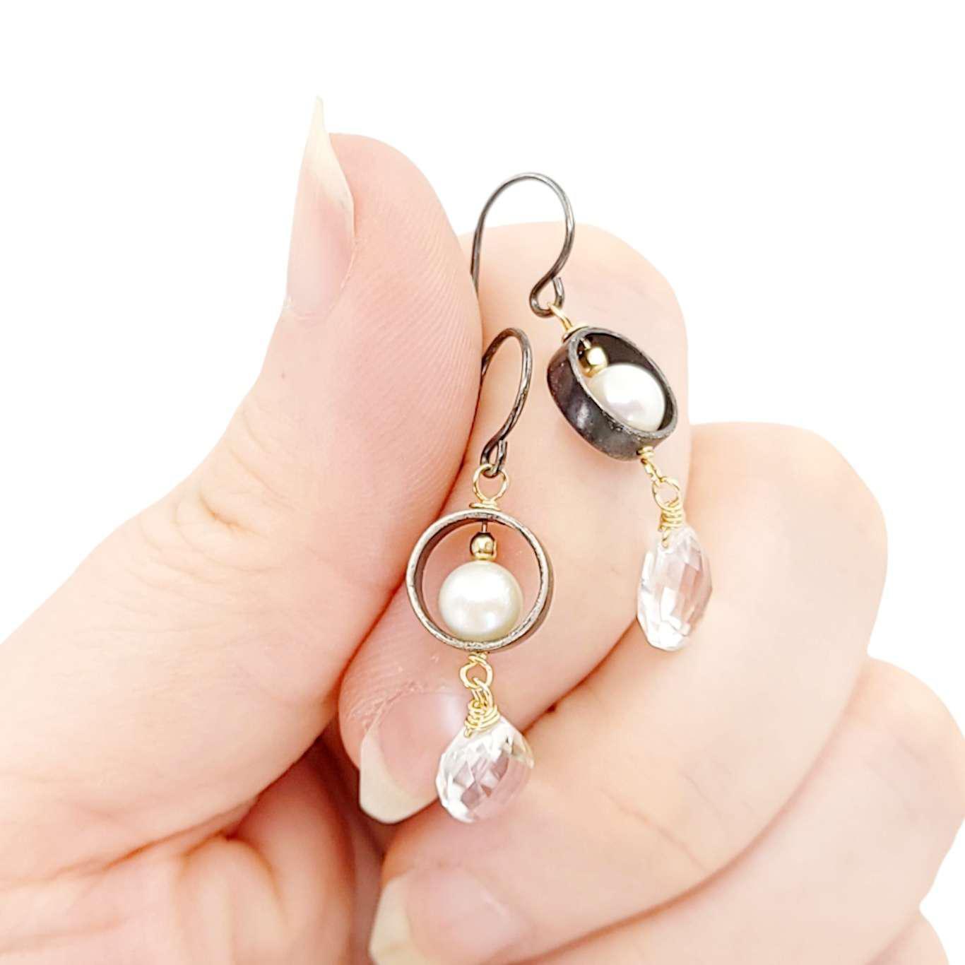 Earrings - Nestled Pearl Circles (Quartz Drop) by Calliope Jewelry