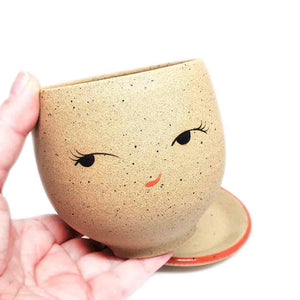 Planter - Coy Face (Red Saucer) by Jennifer Fujimoto