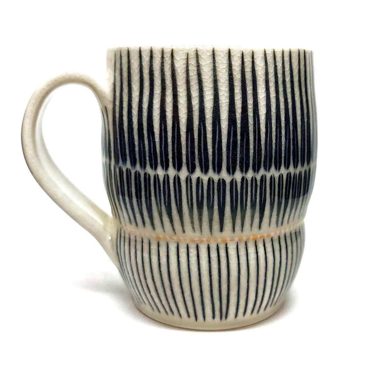 Mug - Large in Outward Linear and Short Pinstripe with Orange Accents by Britt Dietrich Ceramics