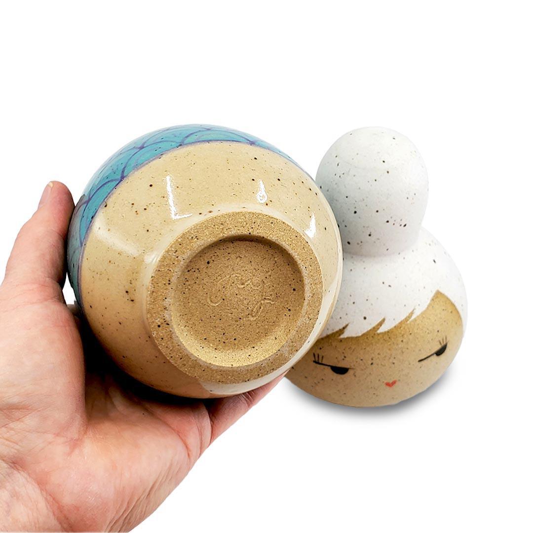 Kokeshi Jar - Small - Side Eye (White Hair, Turquoise Scallops) by Jennifer Fujimoto