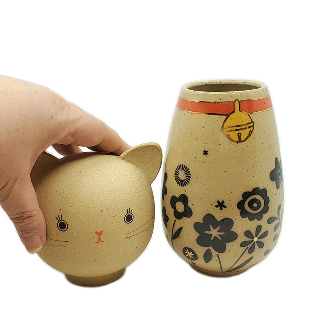 Kokeshi Jar - Medium - Bright Eyes Kitty Cat (Black Floral Red Collar with 22k Gold) by Jennifer Fujimoto