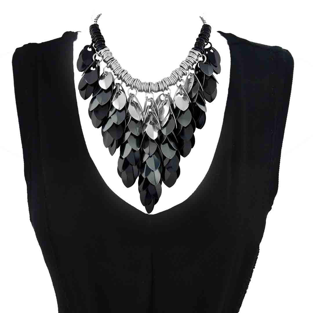 Necklace - Statement Feather Cascade Bib (Black to Silver Gradient) by Rebeca Mojica