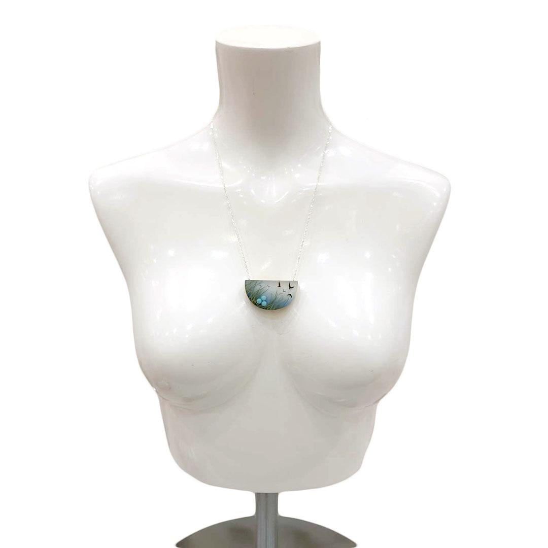 Necklace - Painted Nesting Birds with Green Grass by Fernworks