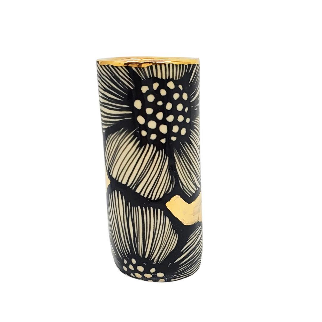 Vase - 4in - Floral Cylinder with 22k Gold Background (A) by Hsieh Clay SF